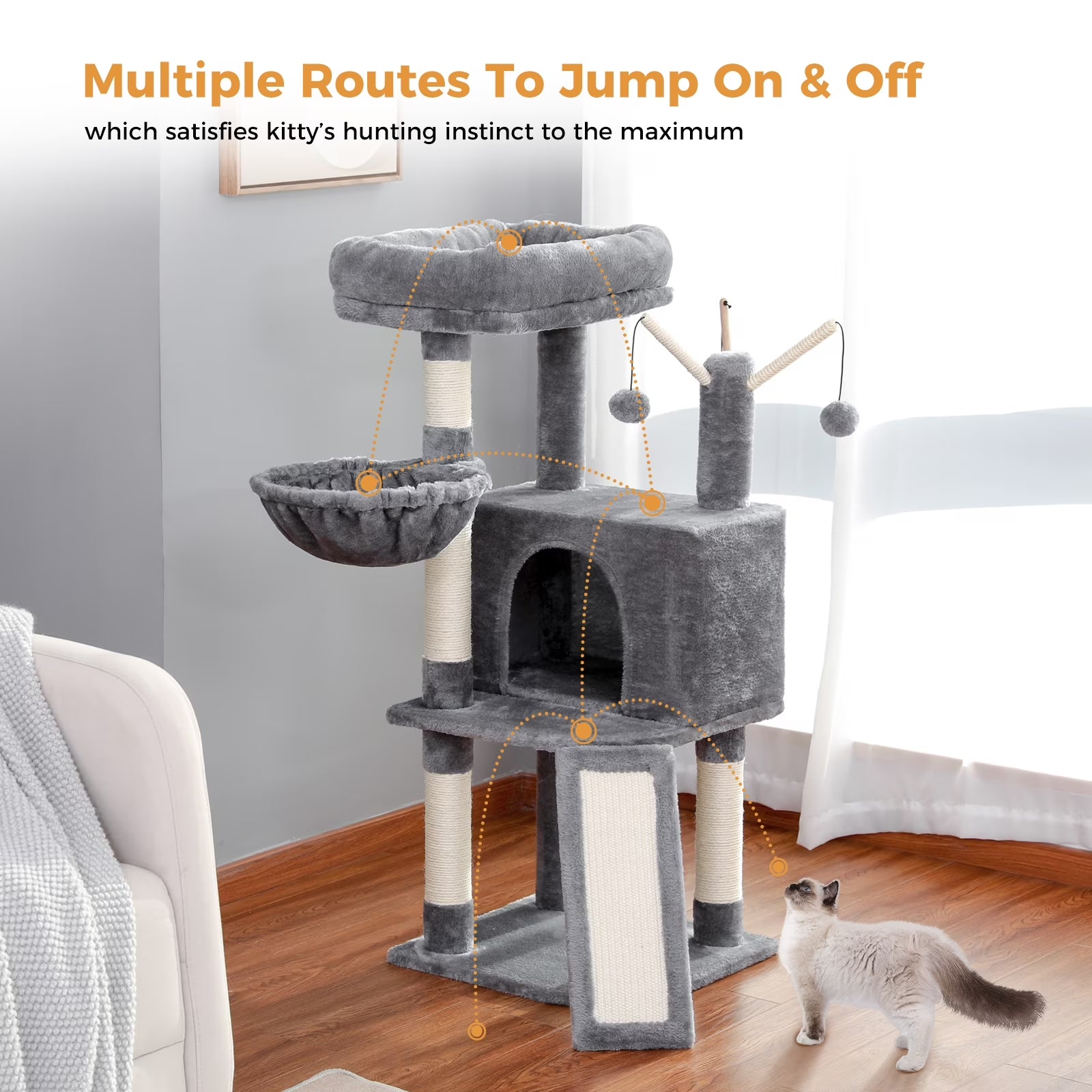 41" Cat Tree Tower for Indoor Cats, Multi-Level Cat Condo House with Cozy Plush Perches Cats Play House, Gray